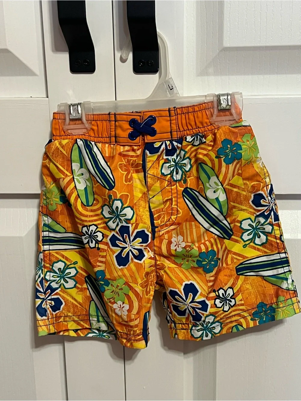 Boys Orange Floral Surfboard Swim Trunks with Drawstring